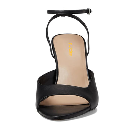 Faux Leather Open Toe Flared Heel Ankle Strap Black Sandals for Women
