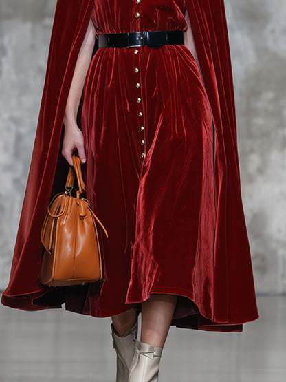 Fashion Retro Red Velvet Hooded Fur Collar Cape Dress Set