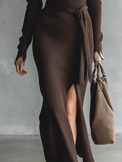 Elegant Retro Lapel Mocha Brown Pattern Knitted Belt Long Sleeve Maxi Dress