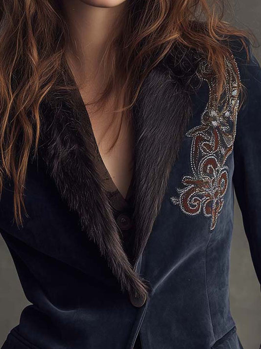Embroidered Navy Velvet Jacket With Fur Collar And Cuffs