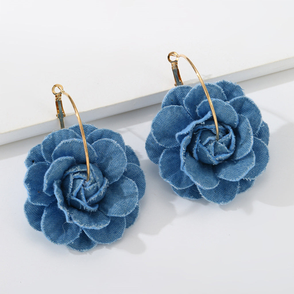 Elegant Camellia Shaped Cloth Beaded Dangle Earrings