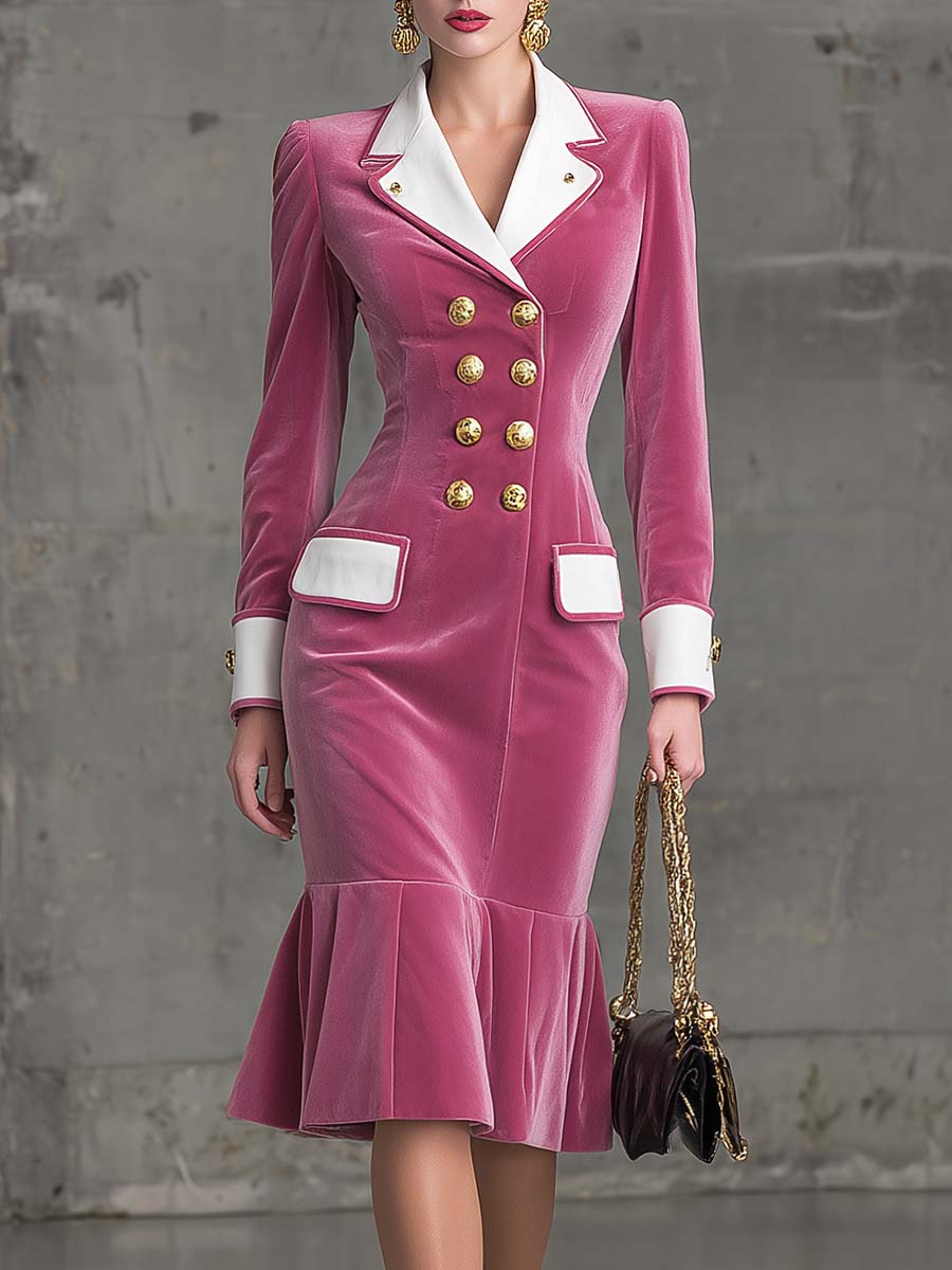 Elegant And Exquisite Retro Contrast Color Notch Lapel Double-breasted Lotus Leaf Hem Pink Velvet Midi Dress