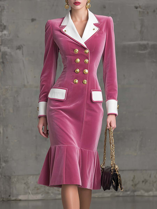 Elegant And Exquisite Retro Contrast Color Notch Lapel Double-breasted Lotus Leaf Hem Pink Velvet Midi Dress