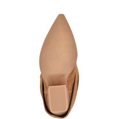 Fashion Tan Pointed Toe Fold Over Ankle Boots with Chunky Heel