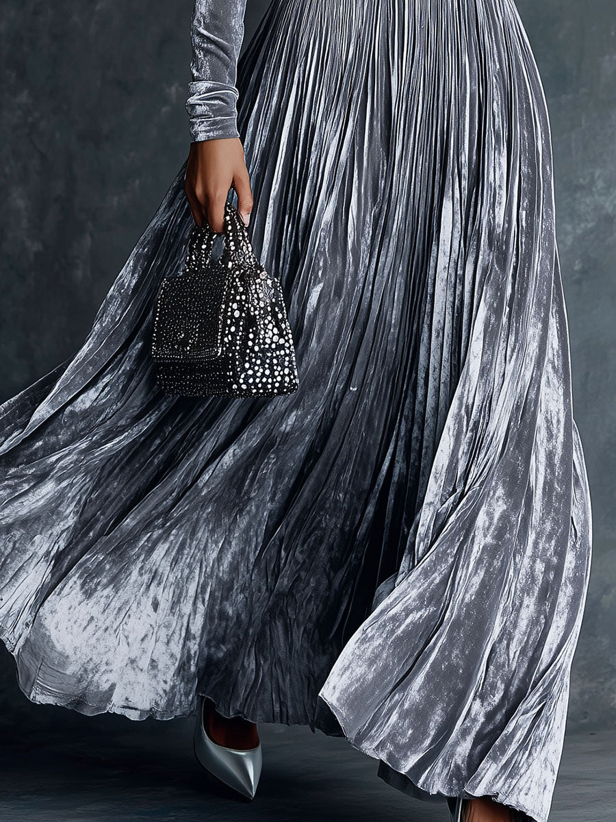 Fashionable High-neck Pleated Skirt Silver-gray Velvet Maxi Dress