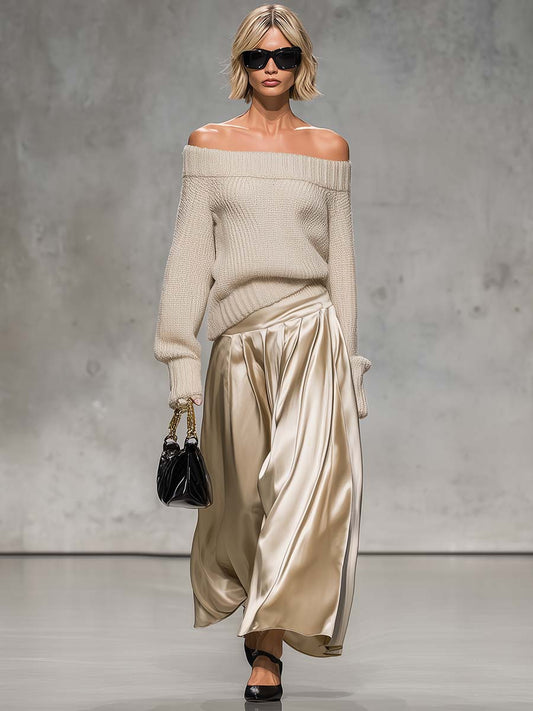 Elegant Beige Off-the-shoulder Knitted Long-sleeved Top And Pleated Satin Wide-leg Pants Set