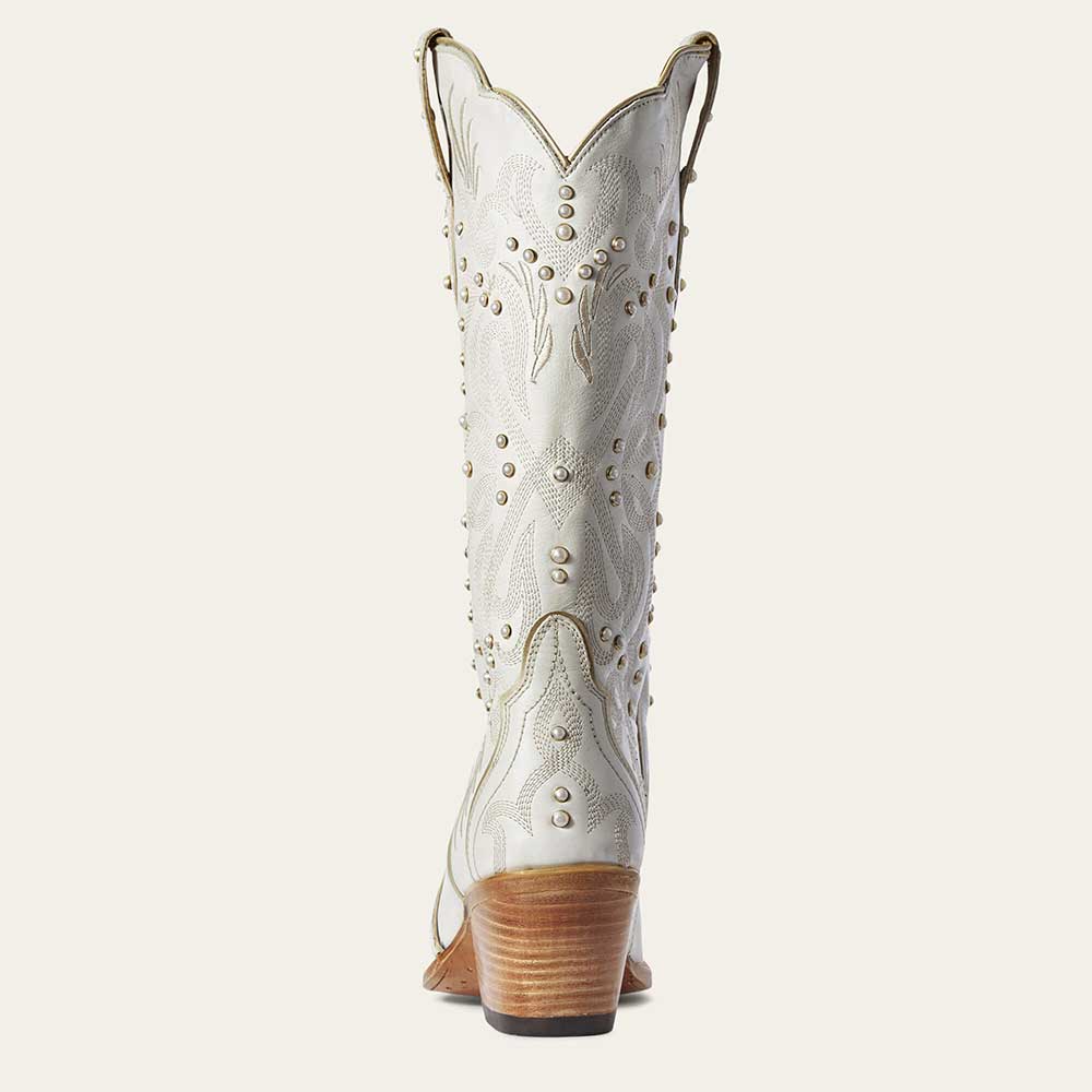Elegant White Snip Toe Embroidered Mid-Calf Cowgirl Boots with Pearls