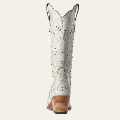Elegant White Snip Toe Embroidered Mid-Calf Cowgirl Boots with Pearls
