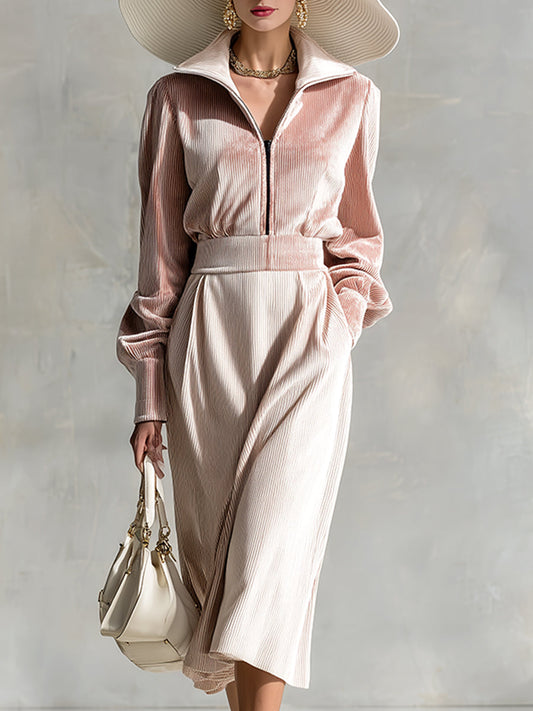 Fashion Casual Light Pink Velvet Lapel Zipper Long Sleeve Midi Dress