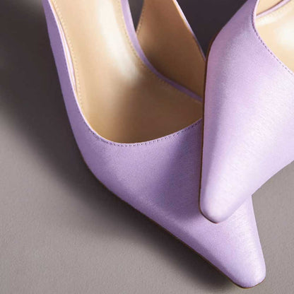 Elegant Lavender Satin Pointed Toe Buckled Slingback Pumps Heels