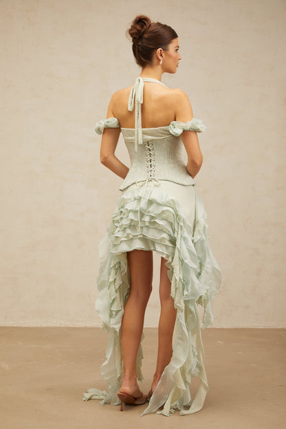 Patricia green floral-appliqué asymmetrical ruffled mini dress