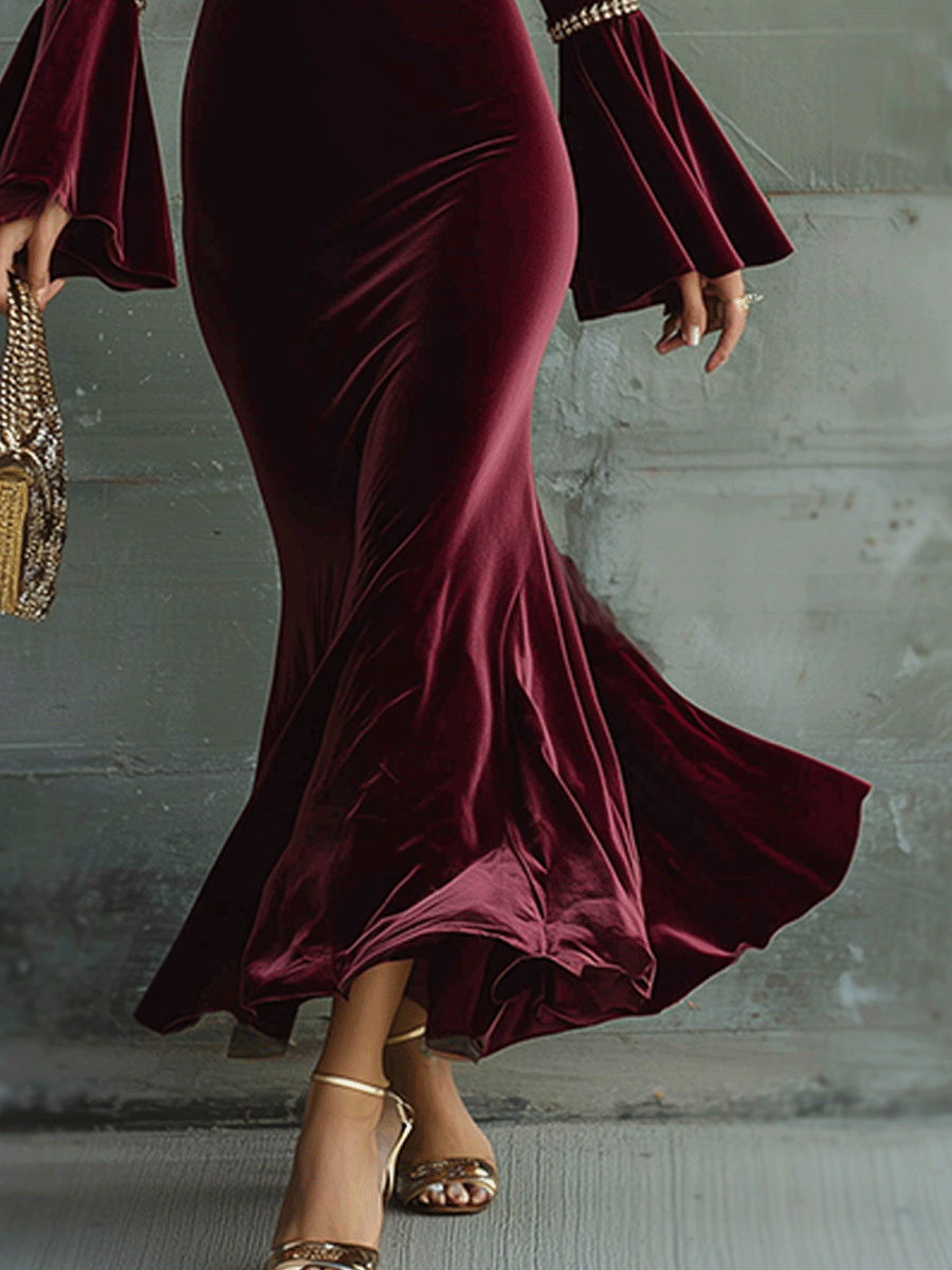 Elegant Burgundy Velvet Trumpet Sleeve Maxi Dress
