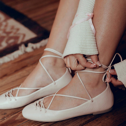 Beige Vegan Leather Round Toe Flat Lace-Up Comfy Ballet Shoes