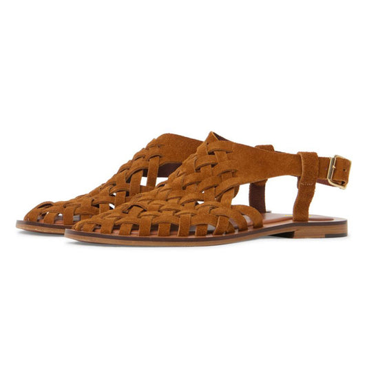 Faux Suede Square Toe Dark Brown Flat Women Sandals with Woven
