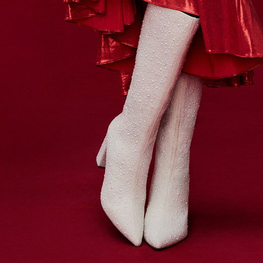 Full White Pointed Toe Chunky Heel Pearl Decorated Wedding Tall Boots