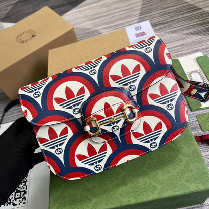 gg x Adidas Horsebit 1955 Shoulder Bag Blue/Red For Women, Women&#8217;s Bags 9.8in/25cm gg 602204 UVG0G 4168