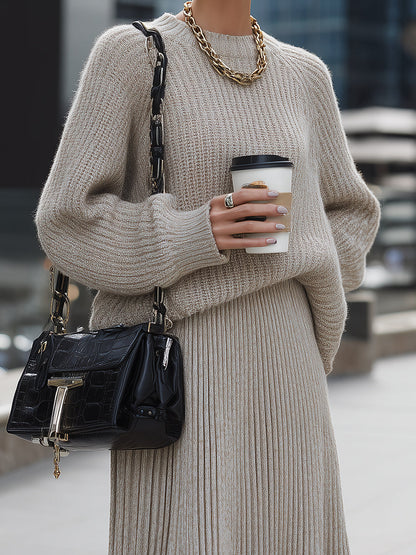 Beige Knit Sweater And Pleated Skirt Set