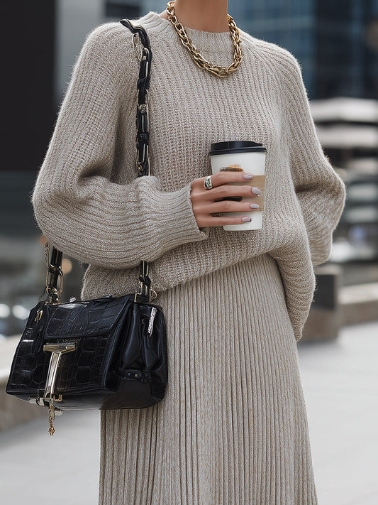 Beige Knit Sweater And Pleated Skirt Set