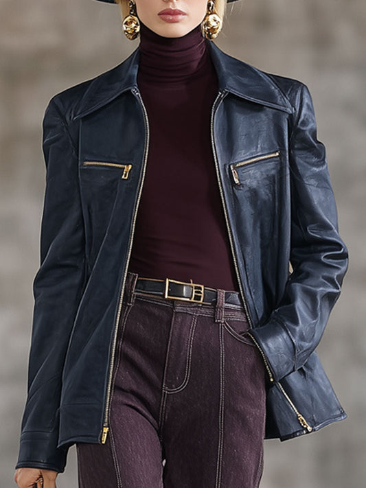 Fashion Vintage Navy Faux Leather Zip-Up Jacket