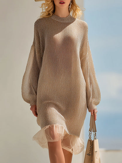 Elegant Loose Khaki Shiny Knitted Organza Hem Long Sleeve Midi Dress