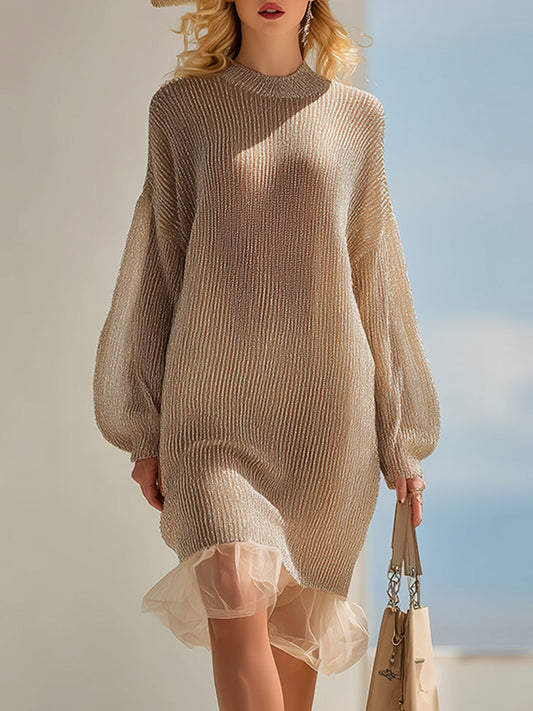 Elegant Loose Khaki Shiny Knitted Organza Hem Long Sleeve Midi Dress