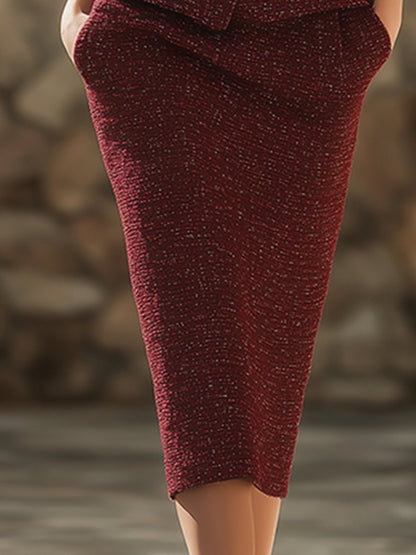 Elegant Retro Burgundy Tweed V-neck Jacket And Skirt Set