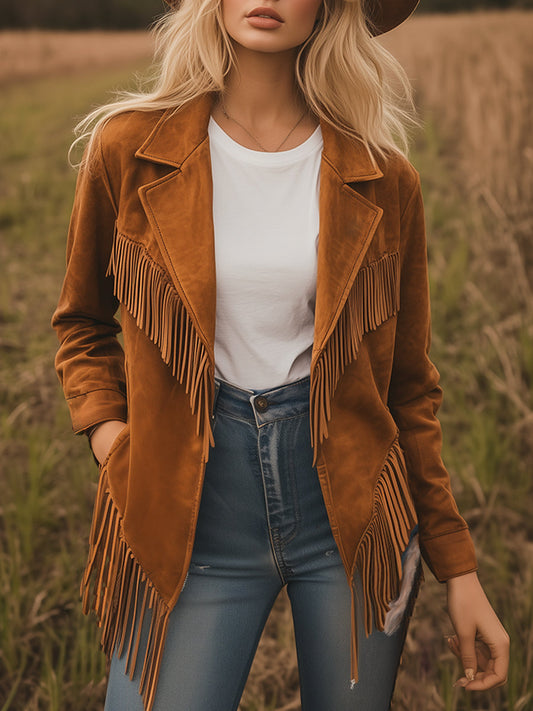 Fashionable Retro Western Caramel Faux Suede Tassel Lapel Blazer