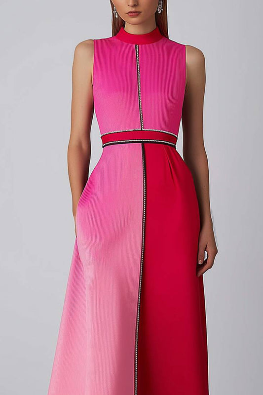 Elegant Pink Evening Formal H-Line Gown Ombre Crepe Black Trim Dress