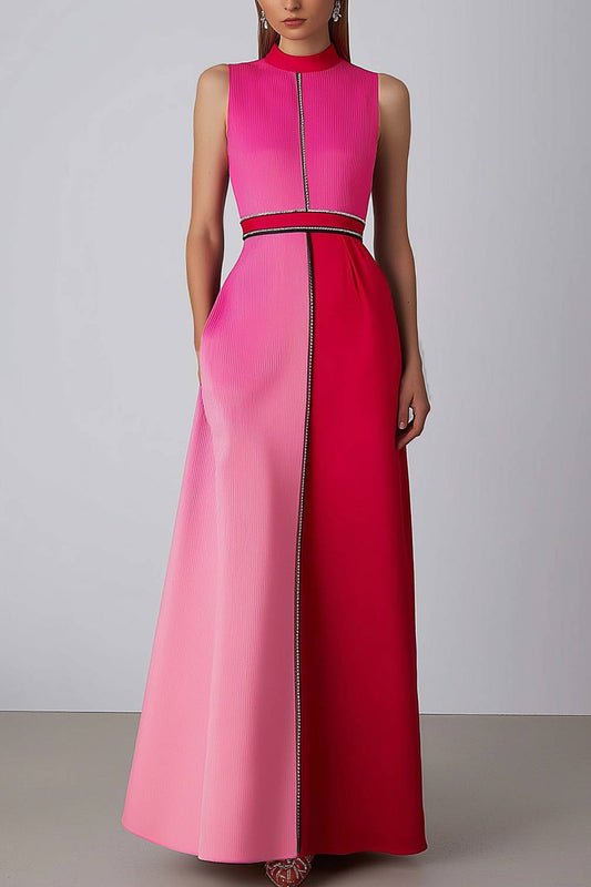 Elegant Pink Evening Formal H-Line Gown Ombre Crepe Black Trim Dress