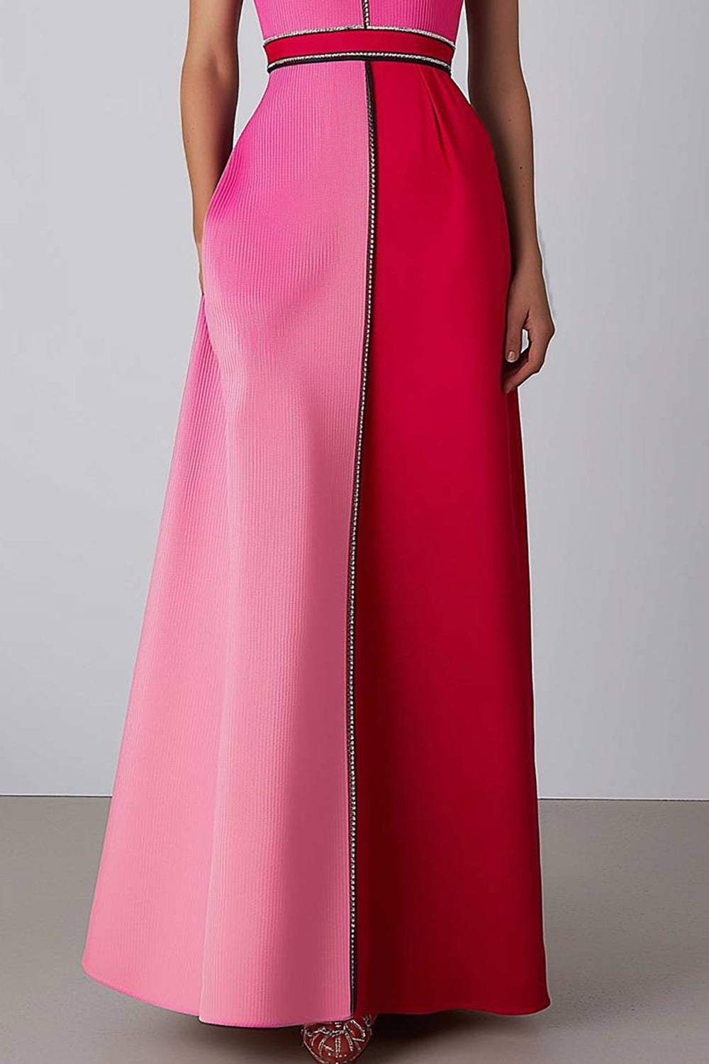 Elegant Pink Evening Formal H-Line Gown Ombre Crepe Black Trim Dress