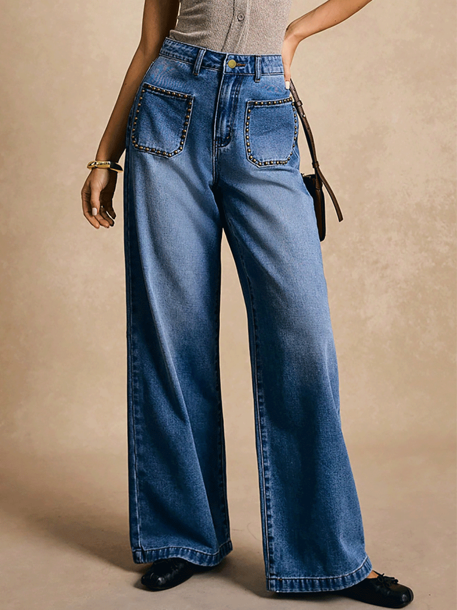 Fashion Rivet Pocket Wide Leg Washed Slim Straight Jeans