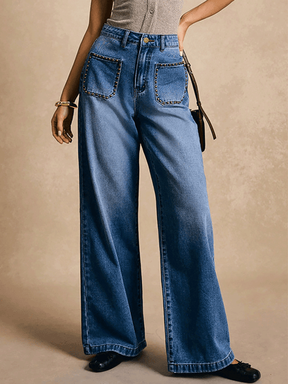 Fashion Rivet Pocket Wide Leg Washed Slim Straight Jeans
