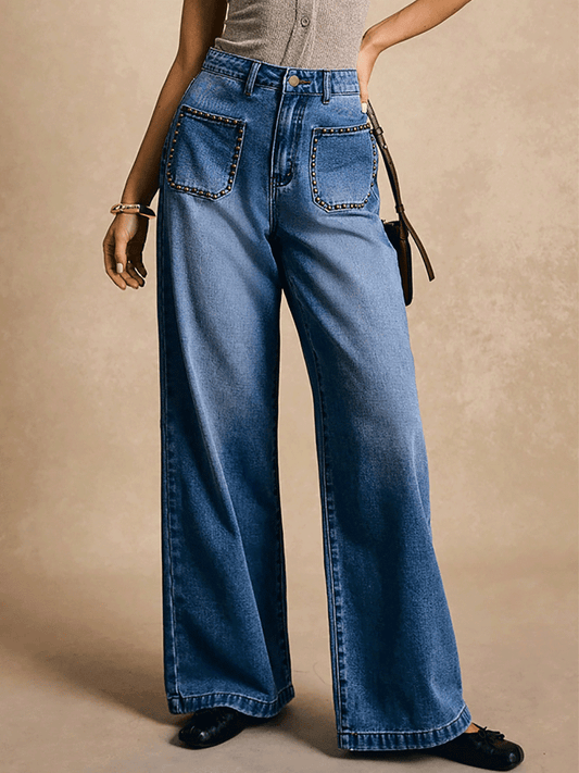 Fashion Rivet Pocket Wide Leg Washed Slim Straight Jeans