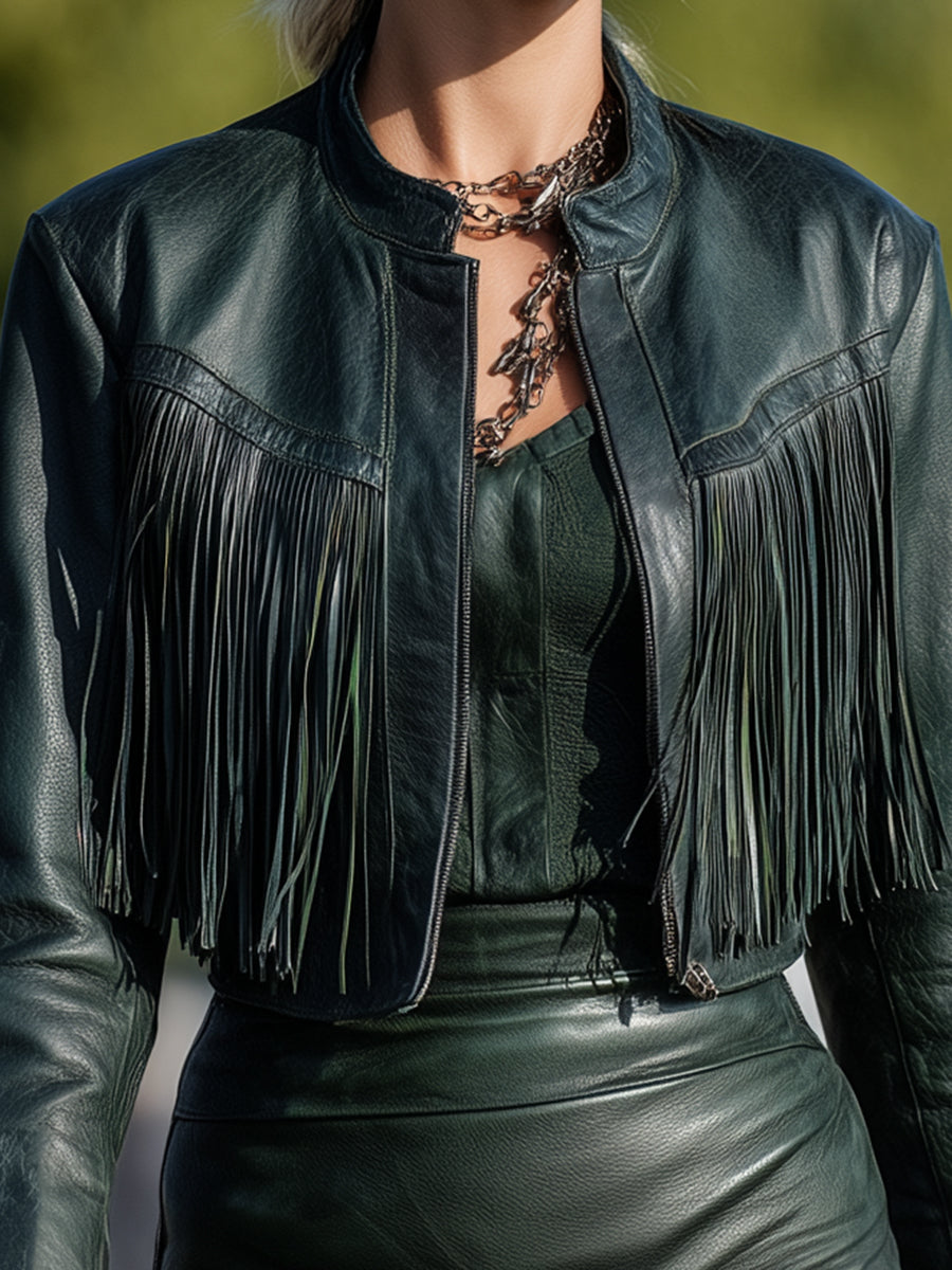 Fashionable Western Style Dark Green Faux Leather Round Neck Jacket And Tassel Skirt Set