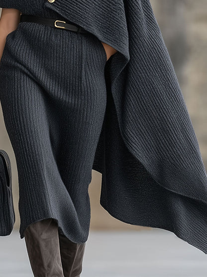 Fashion Retro Dark Gray Knitted Cape Fake Two-Piece Midi Dress