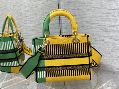 DI Medium Lady D-Lite Bag D-Flower Pop Embroidery, Bright Yellow/Green Handbags, 24cm CD M0565OROO_M886