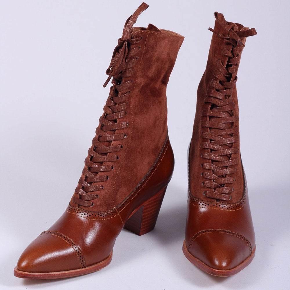 Faux Leather & Vegan Suede Brown Block Heel Pointed Toe Lace-Up Boots