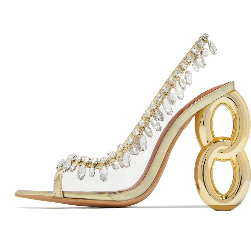 Gold & Clear PVC Pointed Toe 4'' Decorative Heel Slingback Sandals