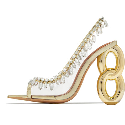 Gold & Clear PVC Pointed Toe 4'' Decorative Heel Slingback Sandals