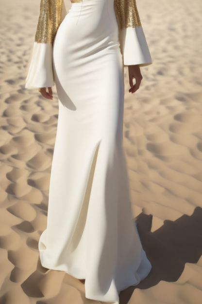 Evening Formal Dress Golden Deep V Sequin Floor-Length Dress