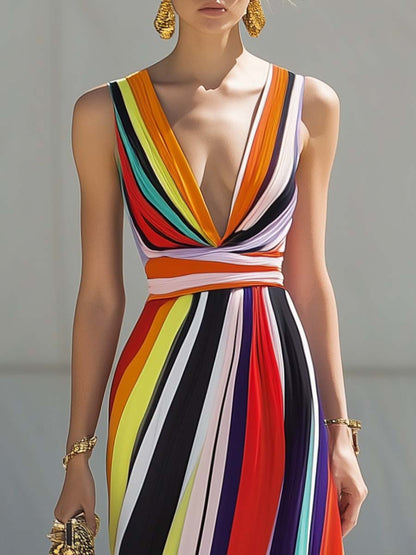 Elegant Flowing V-neck Rainbow Stripe Print Chiffon Maxi Dress