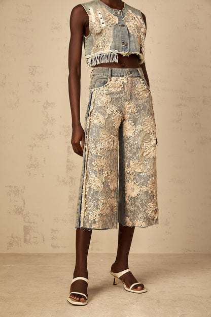 Amaryllis blue floral-lace-panel denim jeans