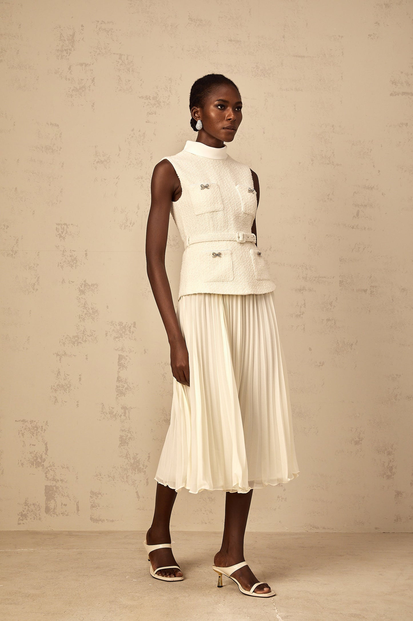 Dulcie Off-White Tulle Panel Tweed Midi Dress