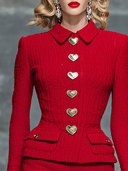 Elegant And Fashionable Heart Button Red Textured Top And Skirt Set