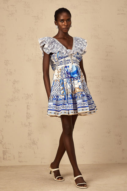 Calliopée Blue Baroque Print Tiered Mini Dress
