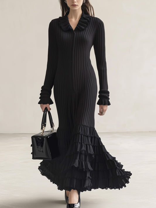 Elegant Black Knitted Dress With Ruffle Design
