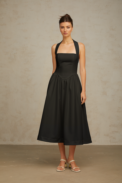 Alizée halterneck pleated midi dress in Black