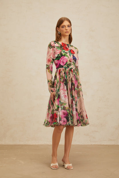 Coralie Pink Rose Print Summer Silk Midi Dress