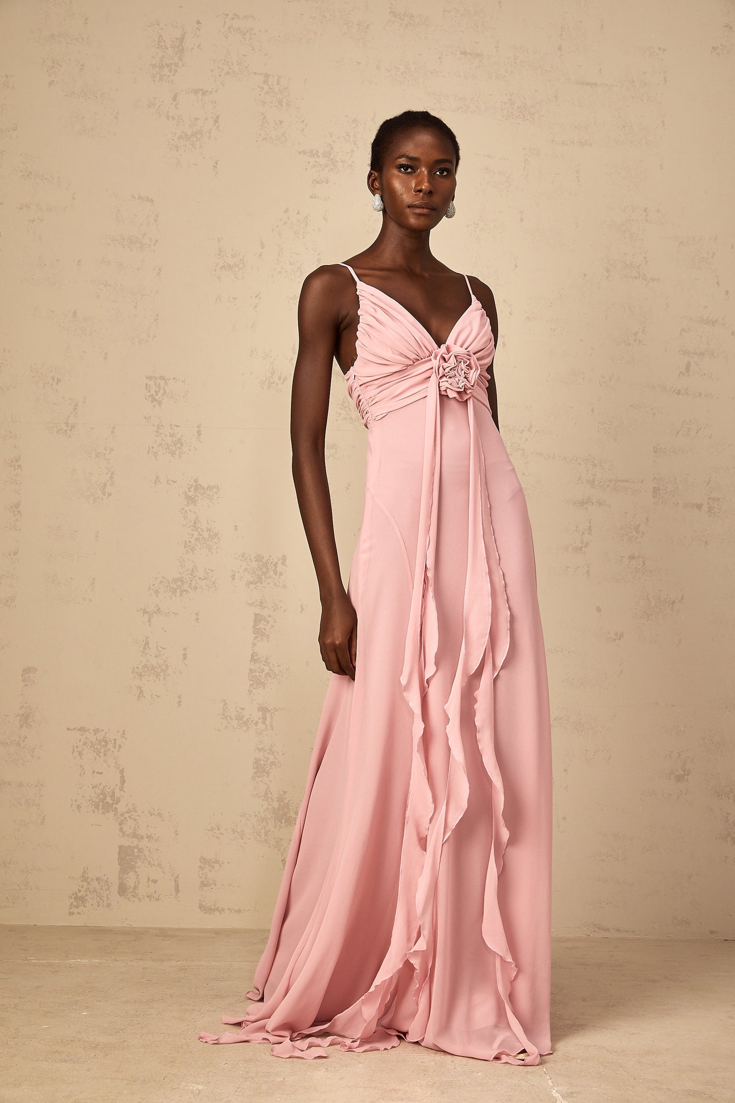 Ysandre Soft-Pink 3D Petal Tulle Maxi Dress