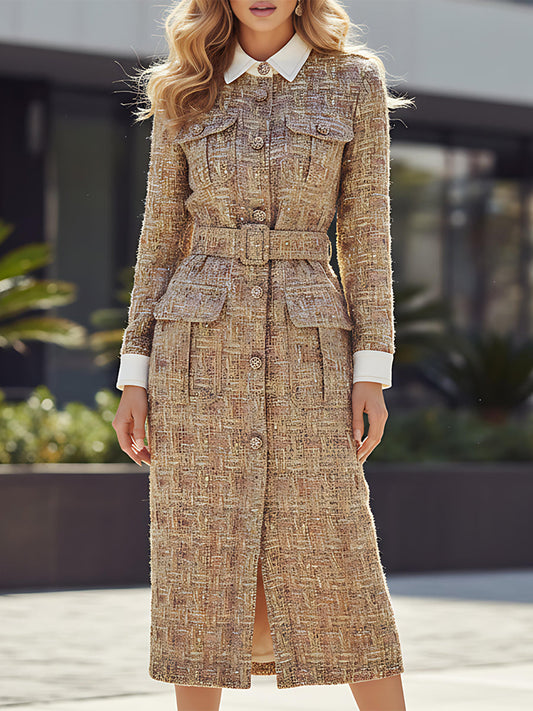 Elegant Vintage Gold Tweed Midi Dress